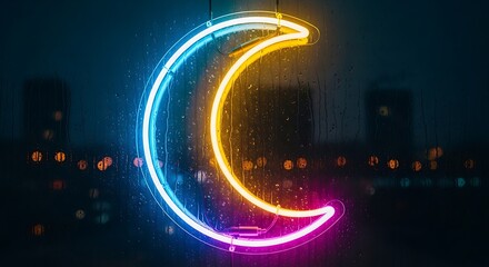 Fototapeta premium Abstract Neon Crescent Moon Sign in a Rainy Night Window with City Lights Backdrop