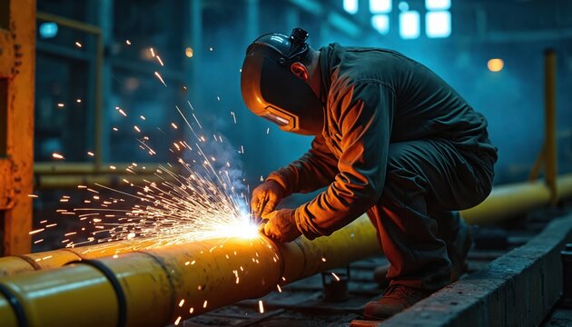 Welder in safety helmet welds yellow pipeline creating bright sparks. Industrial worker performs hot metal job in factory workshop. Man works with arc welding tool on heavy construction.