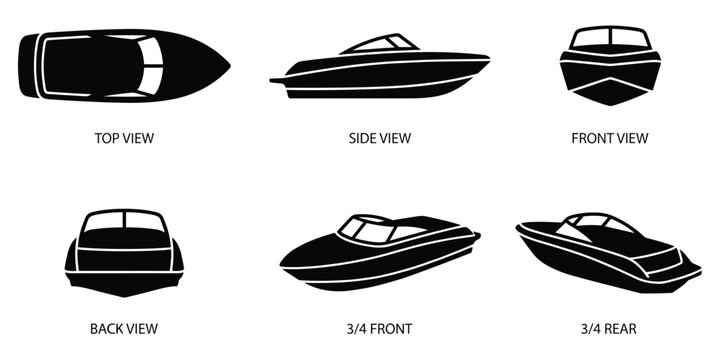 Speedboat technical drawing, showing multiple views for design purposes.
