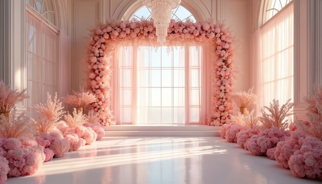 Elegant wedding venue with floral arch and chandelier. Pink flowers adorn the aisle and entrance. Soft light streams through large windows, creating a romantic atmosphere for ceremonies. - Powered by Adobe