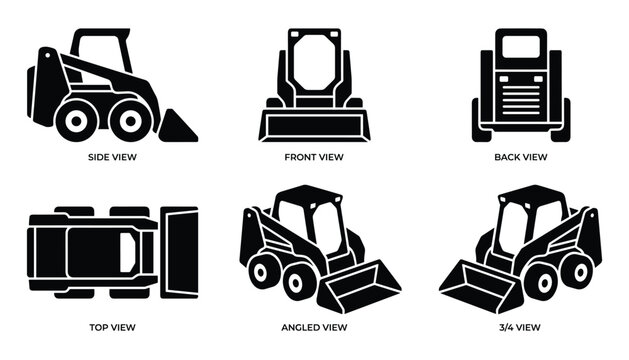 Skid Steer Loader Detailed Vector Icon Set With Multiple Viewing Angles