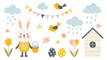Fototapeta premium Charming flat vector illustration of a vibrant spring scene with blooming flowers lush greenery and a bright blue sky perfect for seasonal design projects