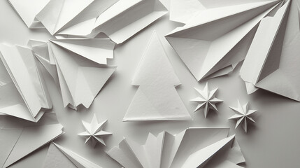 Minimalist Monochrome Overhead View of Abstract Paper Craft Shapes, Including a Christmas Tree and Origami Stars, on a White Background