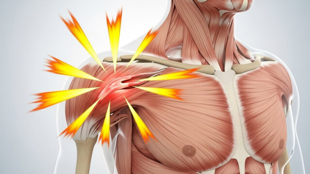 Anatomical illustration of a human torso showing shoulder pain with radiating yellow burst effects around it