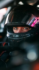 Racing driver with helmet visor raised, looking at the camera from inside the car