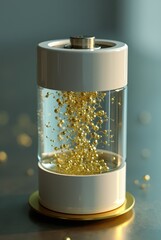 Futuristic battery charging with golden particles for energy innovation