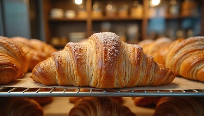 Golden brown croissants on a cooling rack. Flaky pastry baked in a bakery. Freshly made croissants with powdered sugar on a metal rack. Cozy bakery background with shelves.