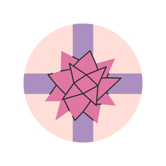 Round pastel gift box with decorative bow. Elegant wrapped present with ribbon cross for holidays, birthdays and festive packaging projects.