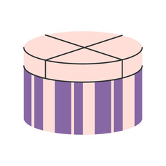 Round striped gift box with ribbon top. Elegant pastel present for celebrations, birthdays, holidays and festive packaging designs.