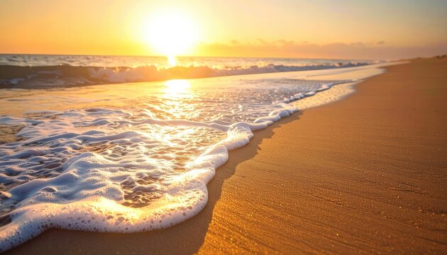 Golden sunrise over sandy beach with gentle waves and warm light
