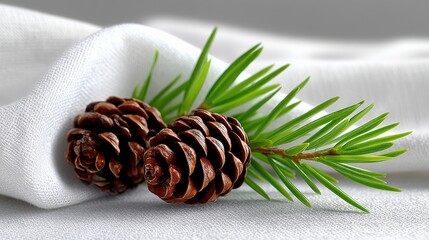 Close-up of two pine cones with a green evergreen branch on white fabric, with soft lighting.