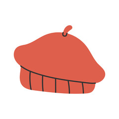 Cozy winter beanie beret in warm terracotta tones. Soft knitted cold-season headwear for branding, apparel prints, stickers and hygge projects.