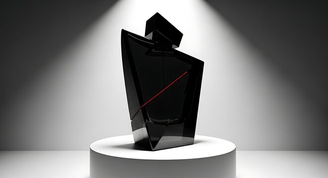 Sleek black geometric perfume bottle with a red accent line on a white pedestal under a spotlight.