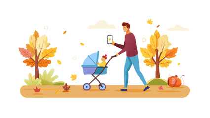 Father walking baby stroller in autumn park using mobile phone parenting lifestyle and family outdoor activity