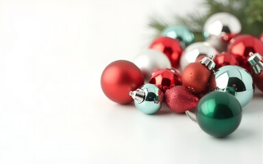 Close-up of colorful Christmas ornaments arranged on a clean white background, perfect for holiday themes. High quality