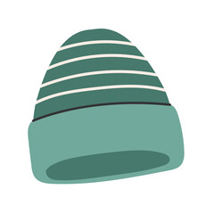Striped knitted winter beanie in cool green tones. Cozy warm headwear for cold season designs, apparel prints and hygge themes.