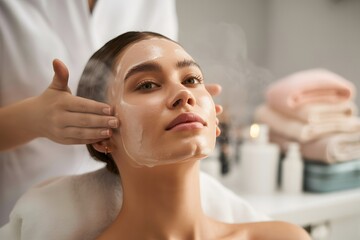 Young woman receiving luxurious facial treatment, skincare products applied at a modern spa, promoting relaxation, beauty, wellness, and professional care for glowing skin.