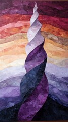 An abstract artwork featuring a swirling sculpture in shades of purple, orange, and red. The piece evokes a sense of movement and depth.