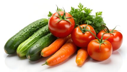 Fresh and colorful vegetables a vibrant still life of cucumbers tomatoes carrots and parsley on white