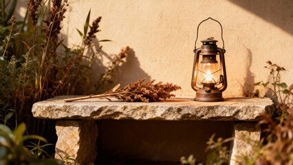 Vintage lantern and dried flowers on a stone bench in warm afternoon light