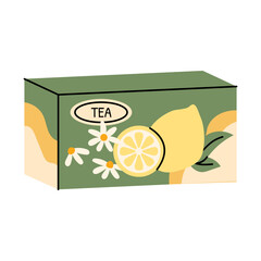 Lemon chamomile tea box with cozy herbal packaging design