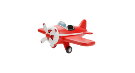 Red toy airplane with white propeller and blue cockpit against a black background