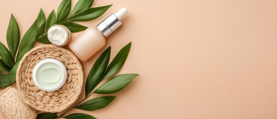 Natural beauty products with green leaves on a soft peach background promoting healthy skin and relaxation.