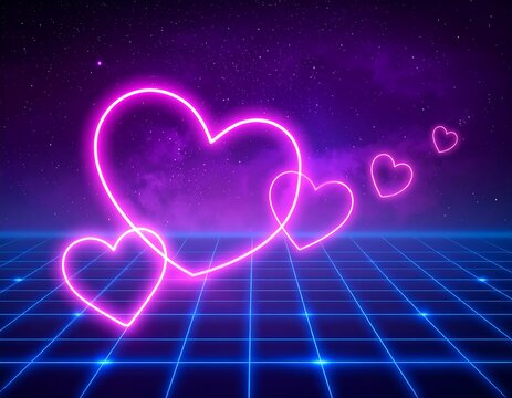 Neon purple hearts on a retro-futuristic, grid-lined background