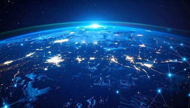 Digital representation of earth with glowing blue lines and dots, symbolizing connectivity and technology, image conveys sense of innovation and global communication