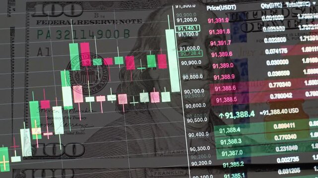 Stock market chart with red and green candlesticks on the background of US dollar bills. Volatility in Bitcoin price evolution in trading. Stock Market and Exchange. Electronic money, cryptocurrency. 