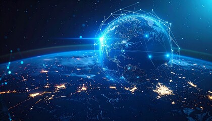 Digital representation of earth with glowing blue lines and dots, symbolizing connectivity and technology, image conveys sense of innovation and global communication