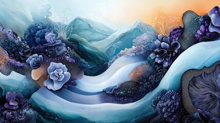 An abstract watercolor painting depicting a landscape with mountains, flowers, and flowing water in shades of blue and purple, evoking a sense of serenity and a