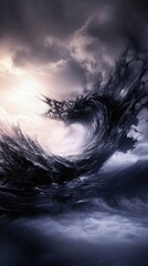 An abstract image of a wave-like structure forming in a stormy sky. The image has dramatic lighting and a dark, moody atmosphere.