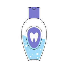 Dental mouthwash bottle with tooth icon and fresh blue liquid for oral care and hygiene product design