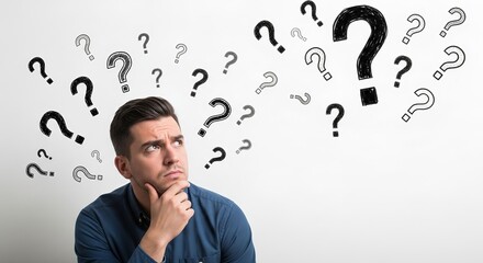 Man ponders questions surrounded by question marks offering a visual representation of uncertainty and the need for answers and solutions in life