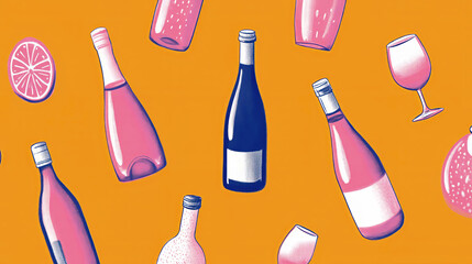 Colorful hand-drawn wine bottles and glasses arranged on a bright orange background