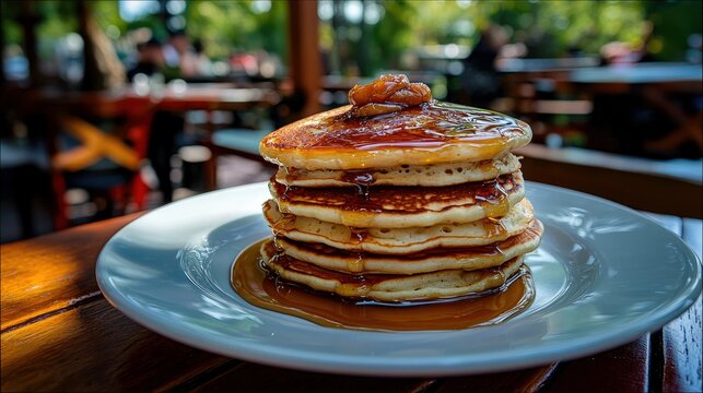 A stack of pancakes with syrup on a white plate, sitting on a wooden table outdoors. The pancakes are topped with a nut and syrup is drizzling down the sides. T