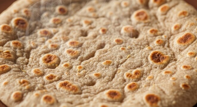 Close-up of a freshly baked roti showcasing its texture and warmth emanating through steam