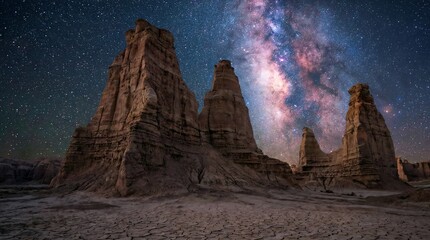 Ancient sandstone rock formations rising from a desert floor.