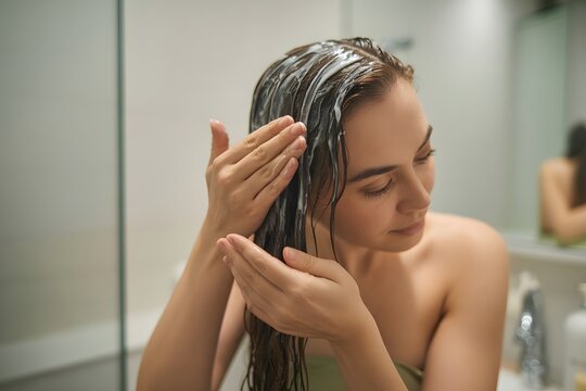 Young woman applying nourishing hair conditioner, beauty treatment, healthy hair routine, self-care, bathroom, wellness, natural beauty, moisturizing, relaxed moment, close-up.