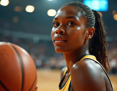 Close up portrait of young african female basketball player. Woman athlete with sport ball during game on court. She wears sportswear and looks concentrated at stadium event.