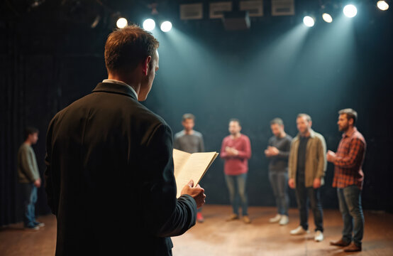 Director reads script to actors on stage during play rehearsal. Team practices lines and moves for performance. Creative group works together in theater before show. - Powered by Adobe