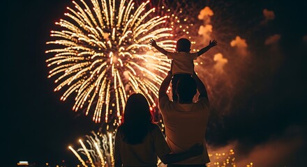 Family celebrates with fireworks display on a dark night.