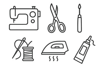 Fototapeta premium Upcycling Tools Icons. Line style icons of tools for upcycling: sewing machine outline, fabric scissors, seam ripper icon, thread