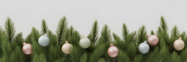 Minimalist Christmas background, pastel ornaments, festive pine branches, holiday decoration, clean design, winter season, elegant frame, seasonal greeting card, modern aesthetic