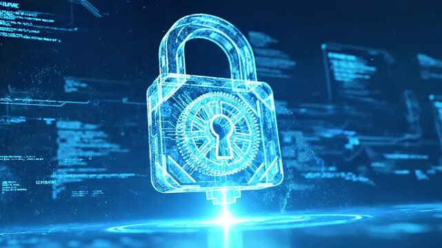 Digital representation of a glowing padlock, surrounded by particle effects, in blue tones