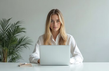 Obraz premium Young blonde woman in white shirt working on laptop computer at white desk with notebook and pen. Female office worker sits in modern office space with plant.