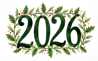 Watercolor inscription of 2026 on festive Christmas greenery. High quality
