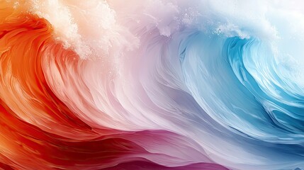 An abstract image of waves in shades of red, orange, and blue, with a soft, ethereal lighting effect.