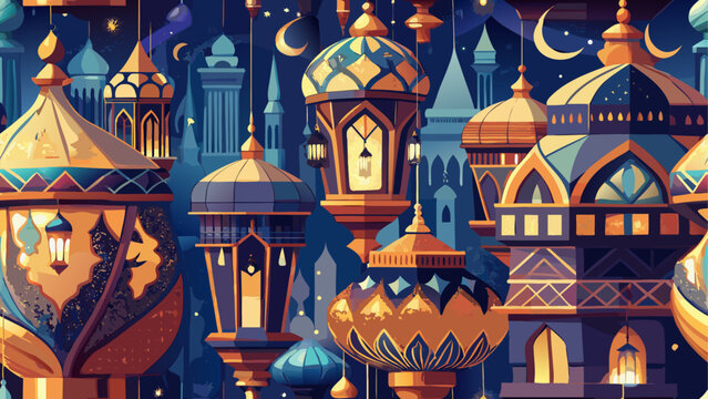 Illustration showing many intricately designed lanterns and crescent moons in a night scene setting